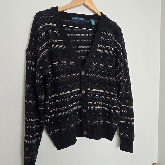 Vintage Claybrooke Cardigan Wool Fair Isle Ugly Sweater Size M Black Grandpacore - Picture 3 of 13